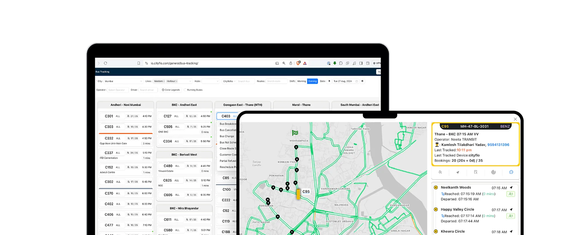 Cityflo admin dashboard and live tracking