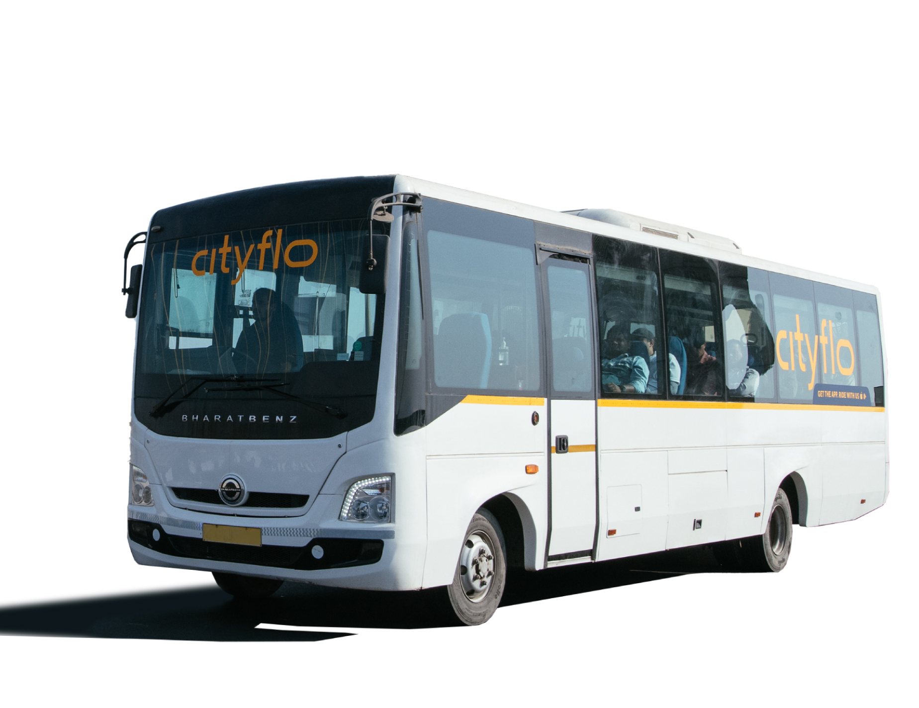 A 35 seater AC Bharat Benz bus for rent on display.