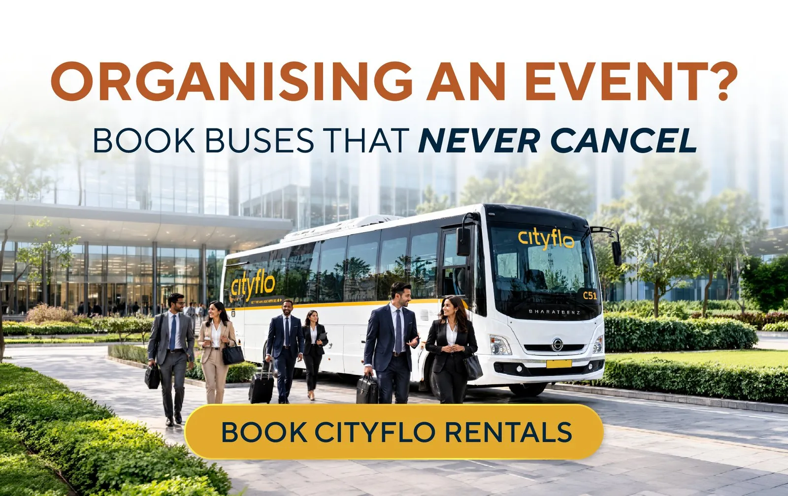 Colleagues walking to a Cityflo bus outside an office, for events
