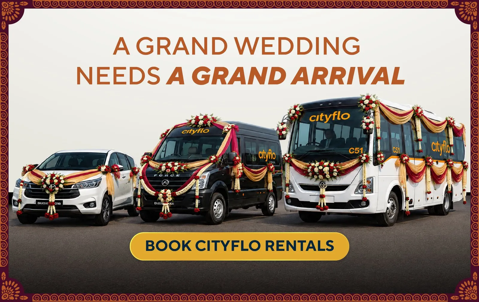A car, a tempo traveller and a Cityflo bus decorated for a wedding